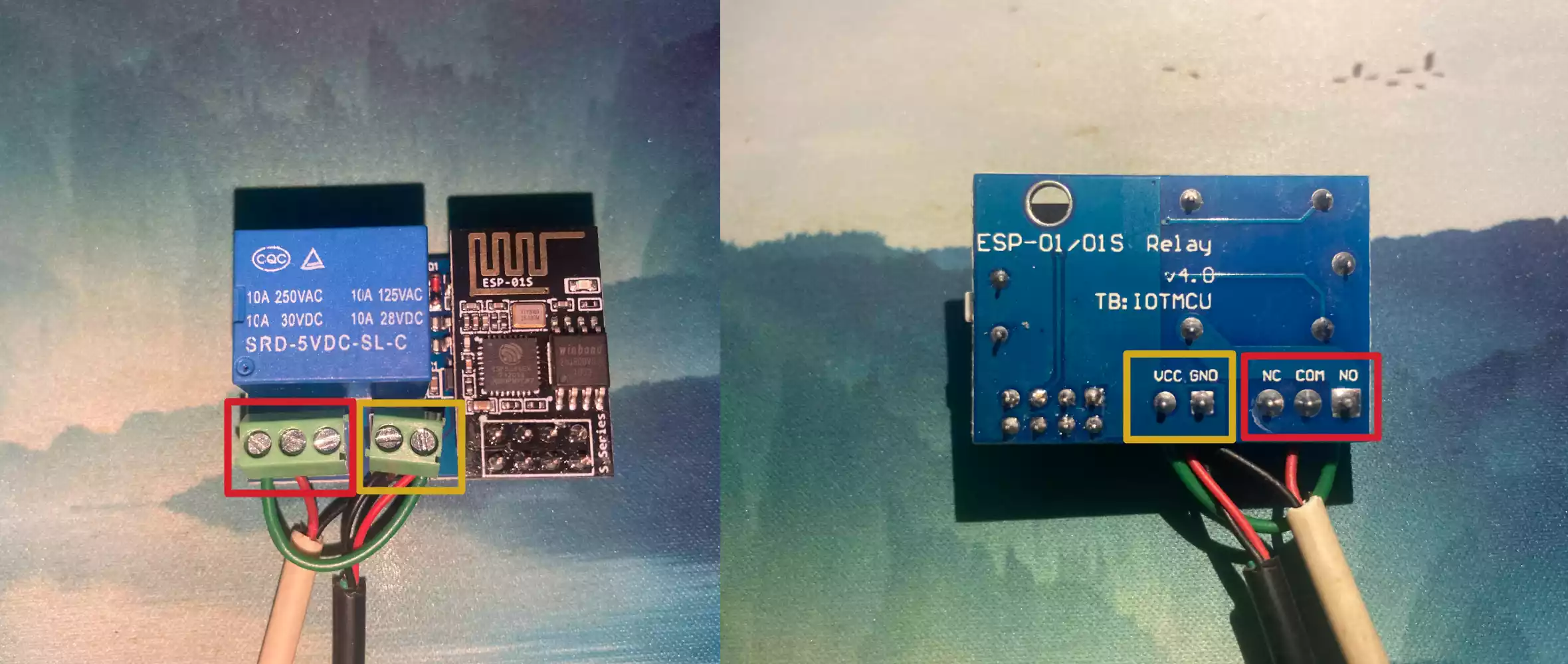 分别为接了线的继电器正反面,标记了供电与继电的接线端子