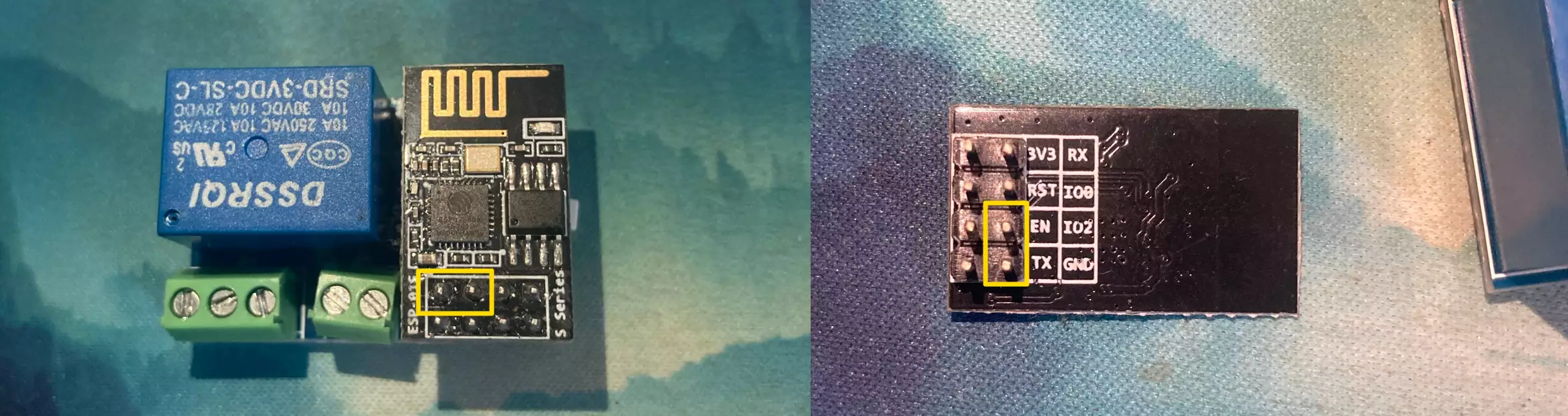 两张图,分别在模块的正反面标示出了 esp8266-01s 的 IO2 和 GND(负极) 触点